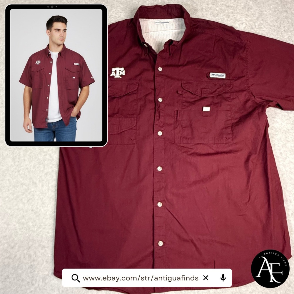 Columbia PFG Texas A&M Aggies Shirt Mens XXL Maroon Short Sleeve Fishing Vented